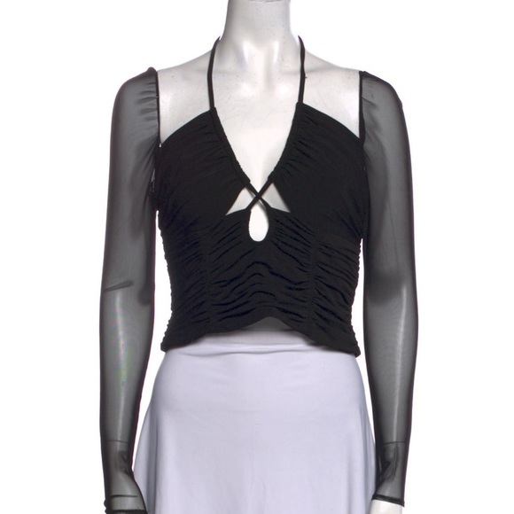 NEW Self-Portrait Gathered Detailed Top Criss Cross Open Keyhole Halter Mesh 6 - Picture 2 of 12